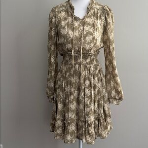 Blue Pepper Boho Mini Dress - Olive and Beige Floral Long Sleeve Prairie Style S